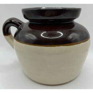 Vtg 3 Qt Stoneware Bean Pot Crock With Handle No Lid Brown, White 7X10X8''